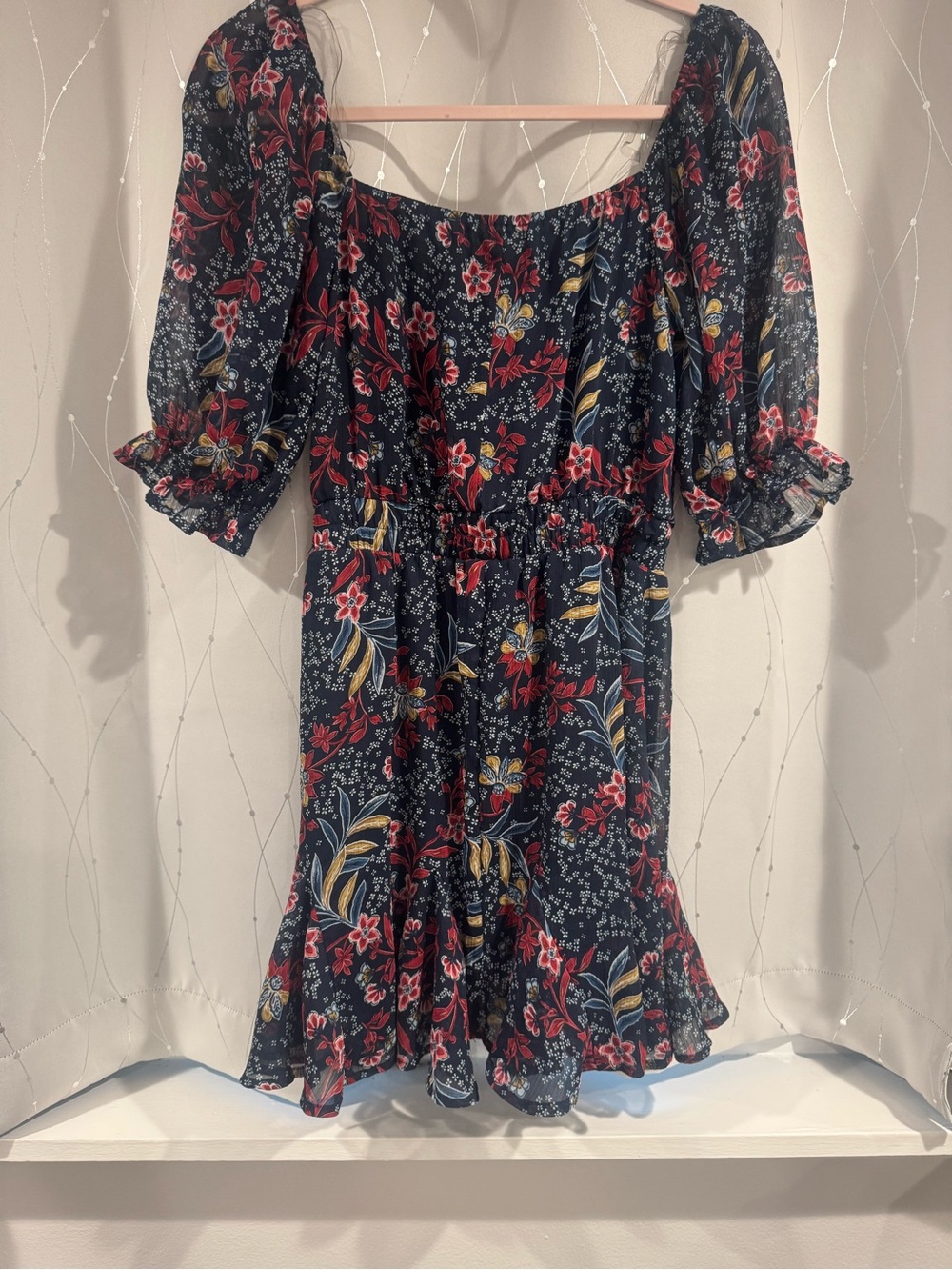 Navy Floral Puff Sleeve Mini Dress